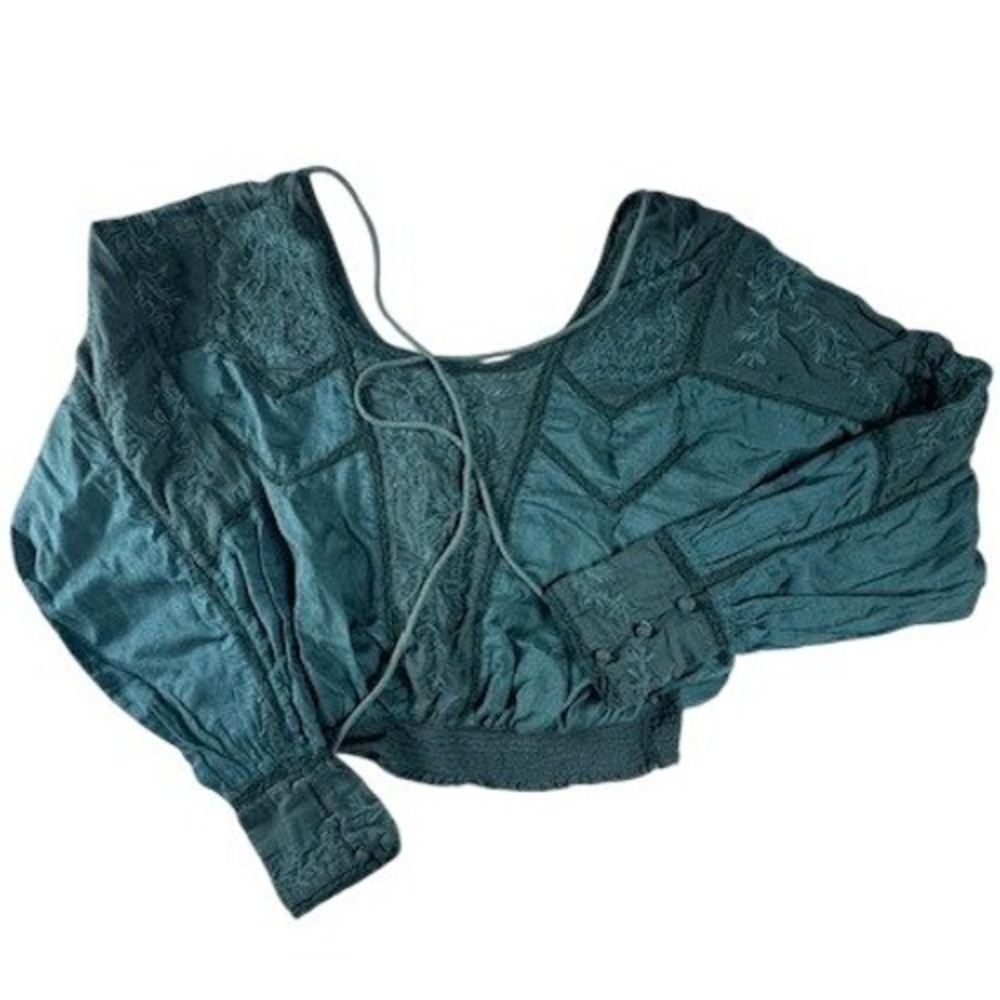Free People Blouse Womens S Teal Embroidered Smocked Hem Cropped Peasant Top